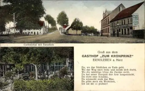 Ak Ermsleben Falkenstein Harz, Gartenlokal, Tanzdiele, Gasthof zum Kronprinzen, Ulme, Bierschenke
