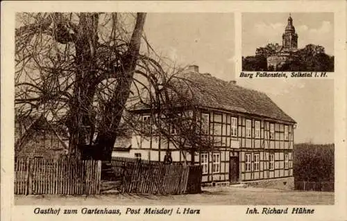 Ak Meisdorf Falkenstein im Harz, Gasthof zum Gartenhaus, Burg Falkenstein