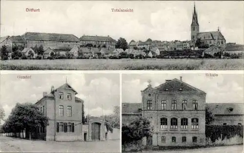 Ak Ditfurt am Harz, Totalansicht, Gutshof, Schule