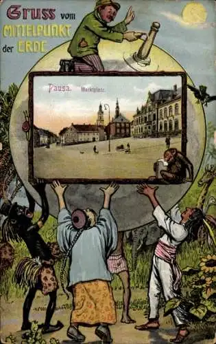 Passepartout Ak Pausa im Vogtland, Marktplatz,  Mittelunkt der Erde