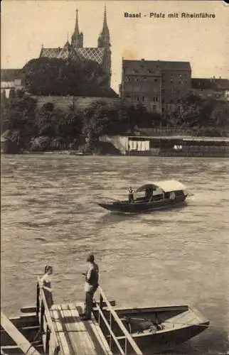 Ak Basel Stadt Schweiz,  Pfalz mit Rheinfähre, Boot, Personen