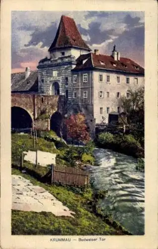 Ak Český Krumlov Böhmisch Krumau an der Moldau Krummau Südböhmen, Budweiser Tor, Fluss, Brücke, a