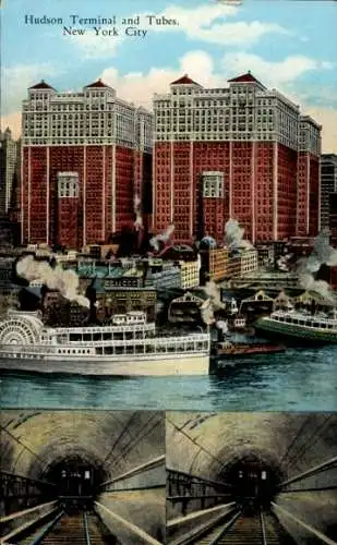 Ak New York City USA, Hudson Terminal und Tubes, zwei Zwillingsgebäude, Hafen, Schiffe, urbanes L