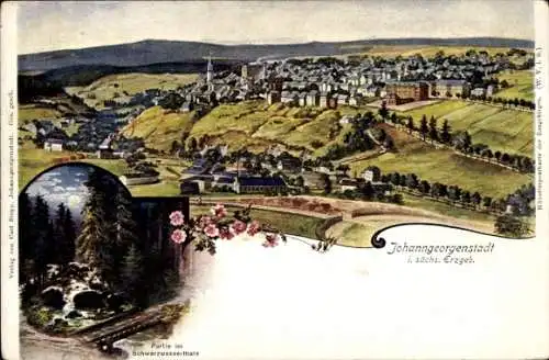 Künstler Ak Falk, Johanngeorgenstadt im Erzgebirge Sachsen, Panorama vom Ort, Schwarzwasserthal