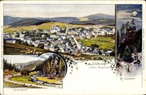 Künstler Ak Falk, G., Eibenstock im Erzgebirge Sachsen, Rockenstein, Bockauthal, Panorama