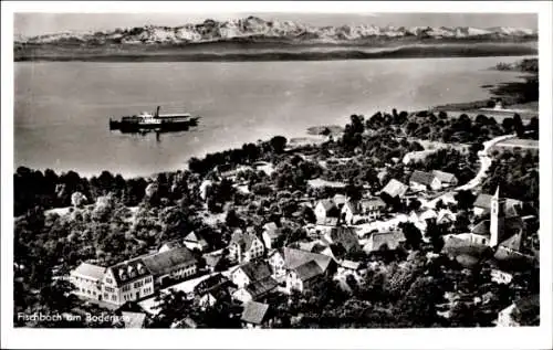 Ak Fischbach Friedrichshafen am Bodensee, Landschaft mit See, Schiff, Häusern, Bäume, Berge im Hi