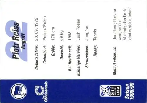 Autogrammkarte Fußballer Piotr Reiss, Hertha BSC, Autogramm