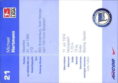 Autogrammkarte Fußballer Michael Hartmann, Hertha BSC, Autogramm