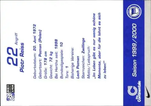 Autogrammkarte Fußballer Piotr Reiss, Hertha BSC, Autogramm