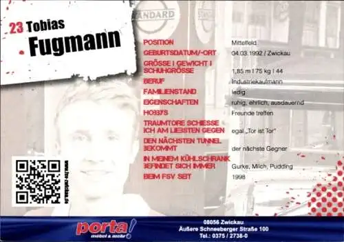 Autogrammkarte Fußballer Tobias Fugmann, FSV Zwickau, Autogramm