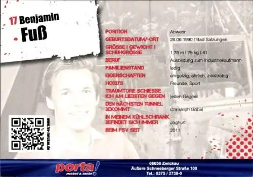 Autogrammkarte Fußballer Benjamin Fuß, FSV Zwickau, Autogramm