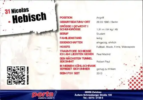 Autogrammkarte Fußballer Nicolas Hebisch, FSV Zwickau, Autogramm