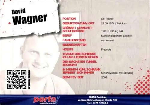 Autogrammkarte Co Trainer David Wagner, FSV Zwickau, Autogramm