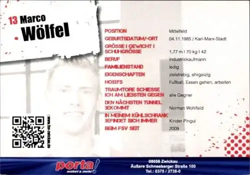 Autogrammkarte Fußballer Marco Wölfel, FSV Zwickau, Autogramm