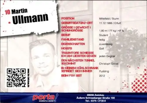 Autogrammkarte Fußballer Martin Ullmann, FSV Zwickau, Autogramm