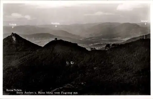 Ak Annweiler am Trifels Pfalz, Fliegeraufnahme der Ruinen Trifels, Münz und Anebos