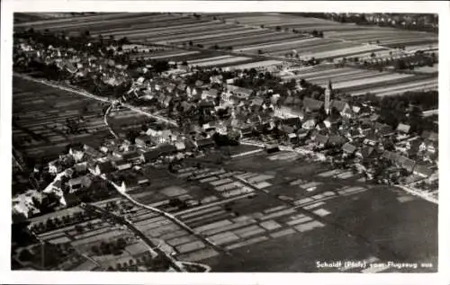 Ak Schaidt Wörth am Rhein in der Pfalz, Luftaufnahme von Schaide, Häuser, Felder, Kirche
