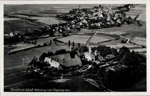 Ak Aurach Fischbachau in Oberbayern, Luftaufnahme, Schloß Wahrberg, Landschaft, Flugzeug, histori