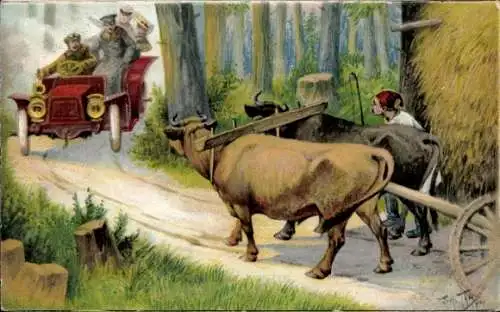 Künstler Ak Thiele, Arthur, Automobil, Ochsenkarren, Begegnung auf enger Fahrbahn