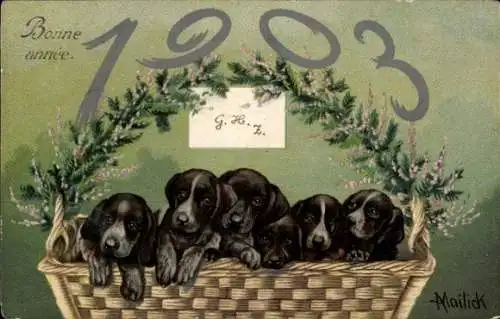 Künstler Litho Mailick, Glückwunsch Neujahr 1903, Hunde im Korb