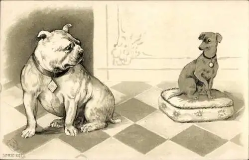 Litho Zwei Hunde, Bulldogge, Terrier auf einem Kissen