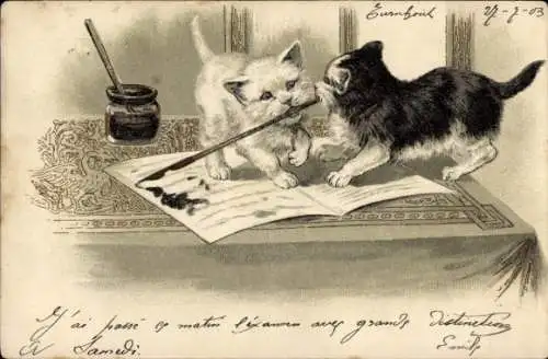 Präge Litho Katzen spielen mit Füller, Tintenfass