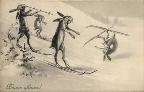 Künstler Ak Ulreich, F., Glückwunsch Neujahr, Hasen fahren Ski