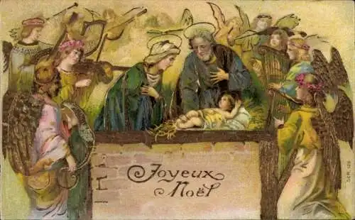 Präge Ak Glückwunsch Weihnachten, Heilige Familie, Engel