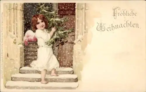 Litho Glückwunsch Weihnachten, Engel, Tannenbaum