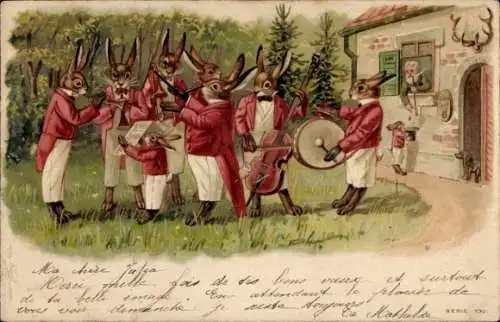 Litho Musizierende Hasen, Musikinstrumente, Orchester, Trommel