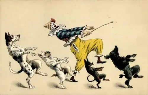 Litho Clown tanzt mit Hunden