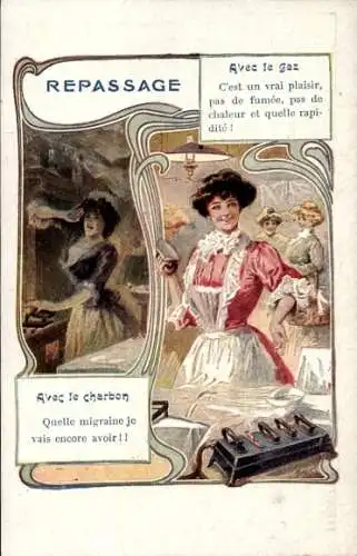 CPA Reklame, Repassage, Avec le gaz, Avec le charbon