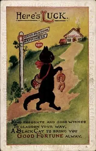 Ak Schwarze Katze bringt Glück, Hufeisen, Wegweiser
