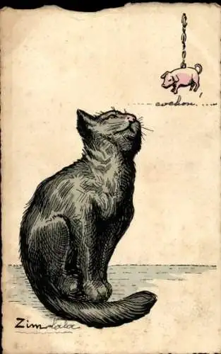 Künstler Ak Zim, Schwarze Katze betrachtet ein Schwein