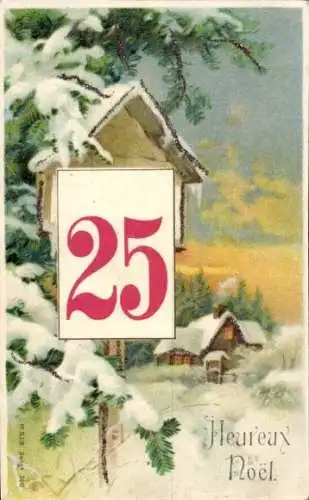 Glitzer Litho Glückwunsch Weihnachten, Wohnhaus, Kalender