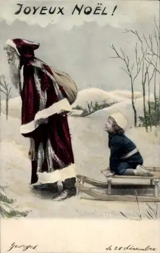 Ak Glückwunsch Weihnachten, Weihnachtsmann, Schlitten, Kind