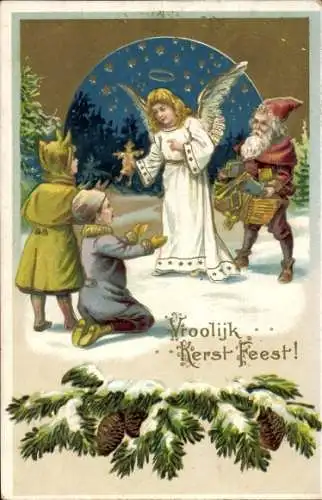Präge Ak Glückwunsch Weihnachten, Engel, Zwerg, Kinder