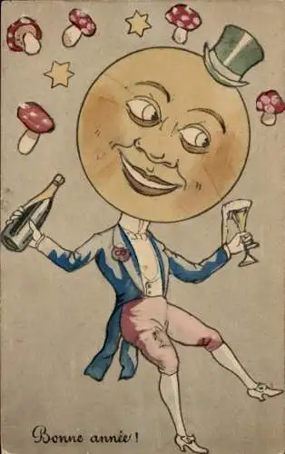 Ak Glückwunsch Neujahr, Vermenschlichter Mond, Sektflasche, Pilze