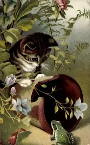 Litho Katze und Frosch, Blumentopf, Blumen