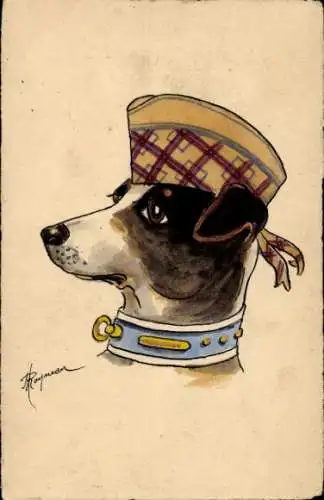 Künstler Ak Hund mit Mütze und Halsband, Tierporträt