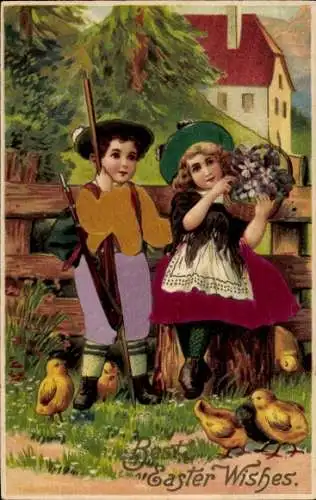 Präge Material Ak Glückwunsch Ostern, Kinder, Küken, Blumenkorb