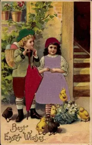 Präge Material Ak Glückwunsch Ostern, Kinder, Küken, Blumenkorb