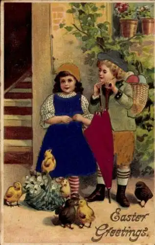 Präge Material Ak Glückwunsch Ostern, Kinder, Küken, Blumenkorb