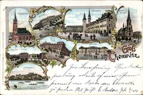 Litho Chemnitz in Sachsen, Nikolaikirche, Bahnhof, Marktplatz, Schloss, Kaserne