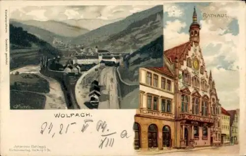 Künstler Litho Wolfach im Schwarzwald, Panorama, Rathaus