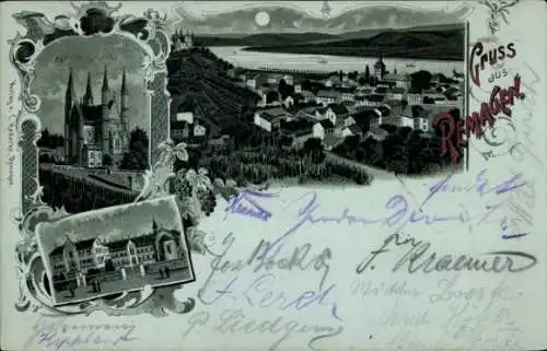 Mondschein Litho Remagen am Rhein, Apollinariskirche, St. Anna Kloster, Panorama