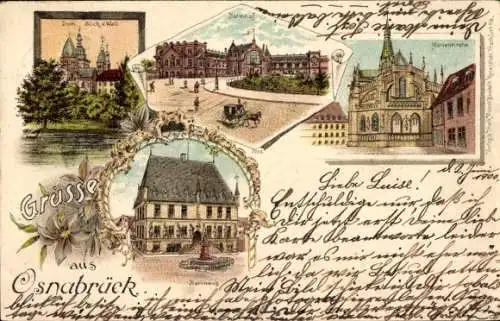 Litho Osnabrück in Niedersachsen, Bahnhof, Rathaus, Dom, Blick v. Wall, Marienkirche