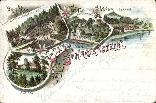 Litho Scharfenstein Drebach im Erzgebirge Sachsen, Hotel Kurhaus Kröpsky, Gänsewinkel, Bahnhof