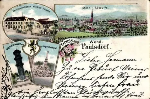 Ak Wendisch Paulsdorf Löbau in Sachsen, Gesamtansicht, Gerichtskretscham, Siegesdenkmal