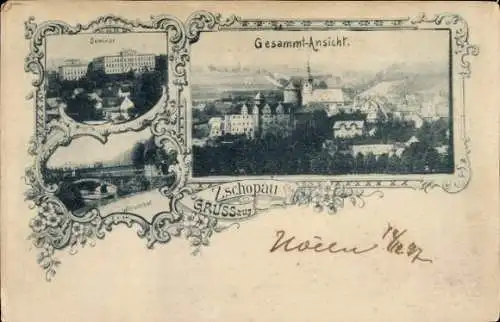 Ak Zschopau im Erzgebirge Sachsen, Gesamtansicht, Seminar, Brücke